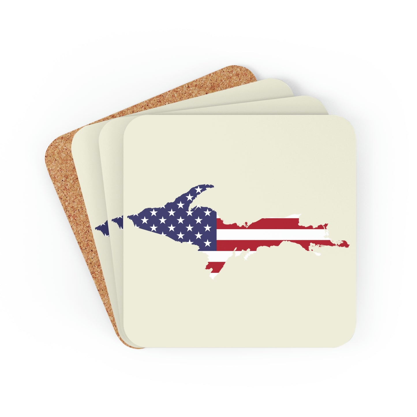 Michigan Upper Peninsula Coaster Set (Ivory Color w/ UP USA Flag Outline) | Corkwood - 4 pack