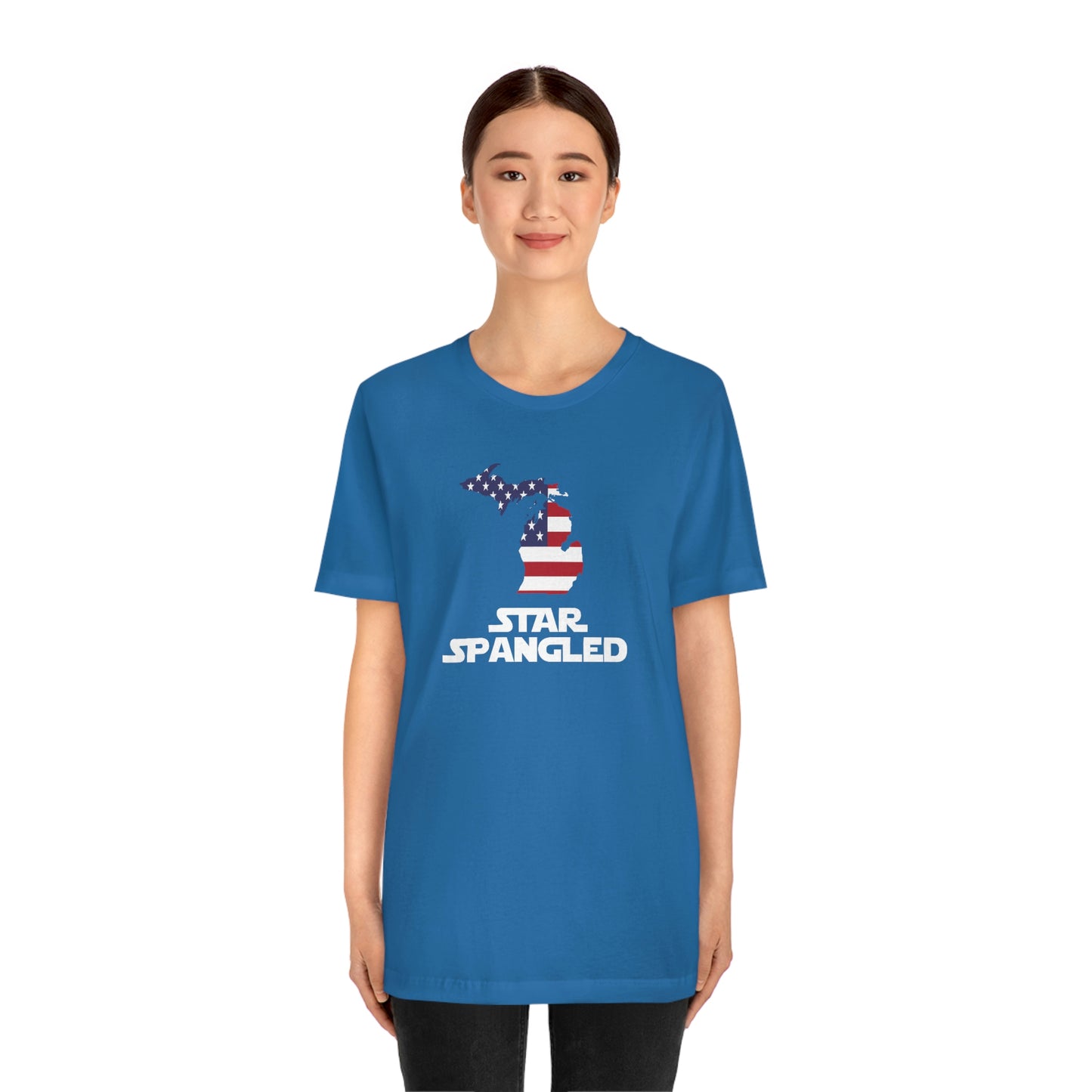 Michigan 'Star Spangled' T-Shirt (Epic Sci Fi Font w/ MI USA Flag Outline) | Unisex Standard Fit