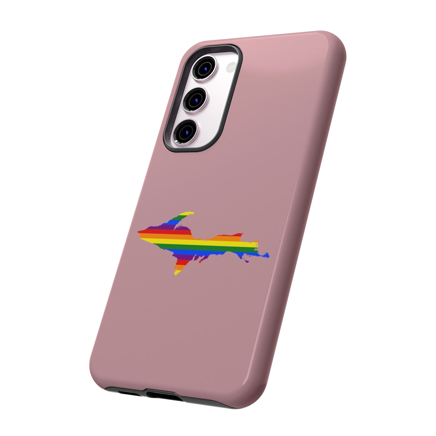 Michigan Upper Peninsula Tough Phone Case (Cherry Blossom Pink w/ UP Pride Flag Outline) | Samsung & Pixel Android