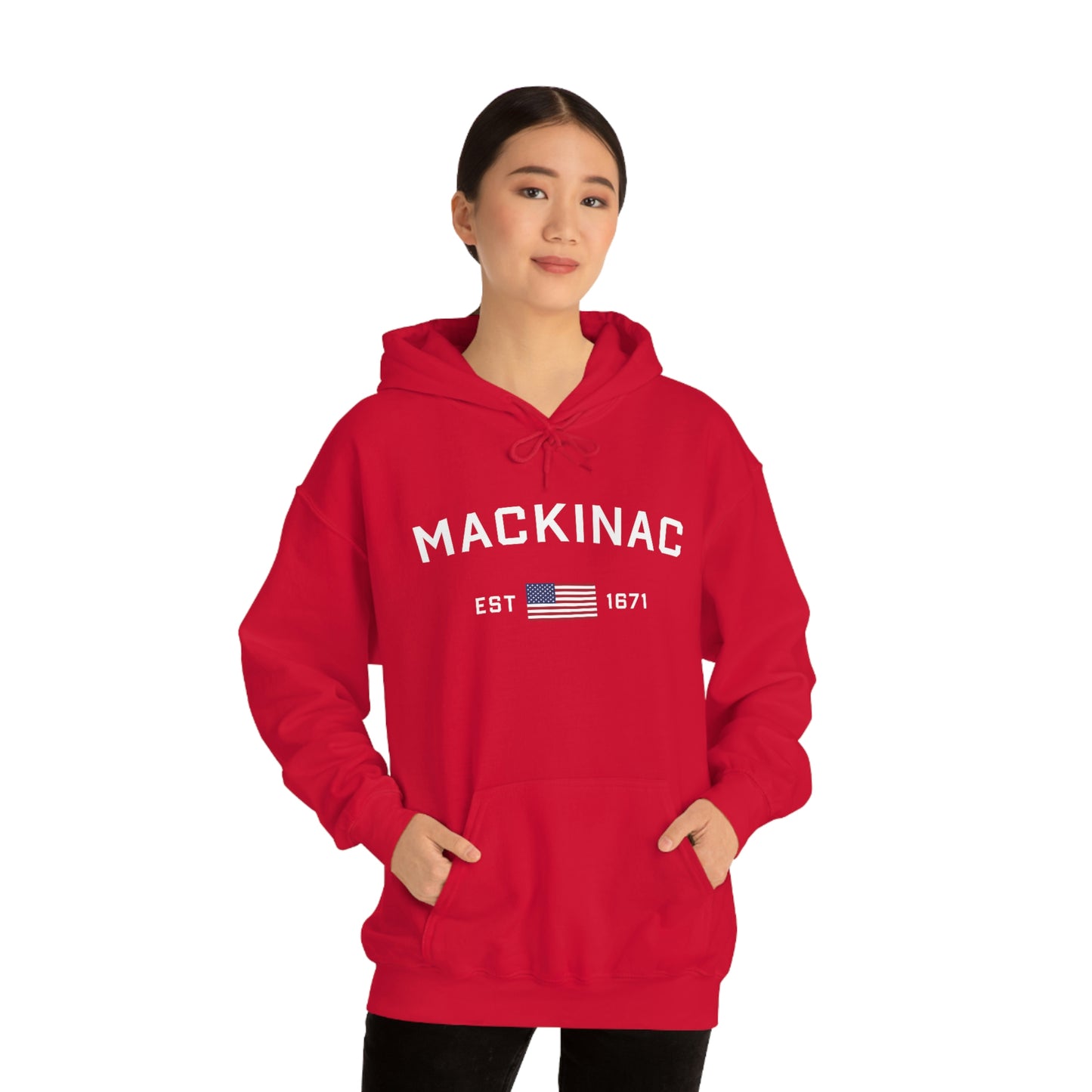 'Mackinac EST 1671' Hoodie (w/USA Flag Outline) | Unisex Standard