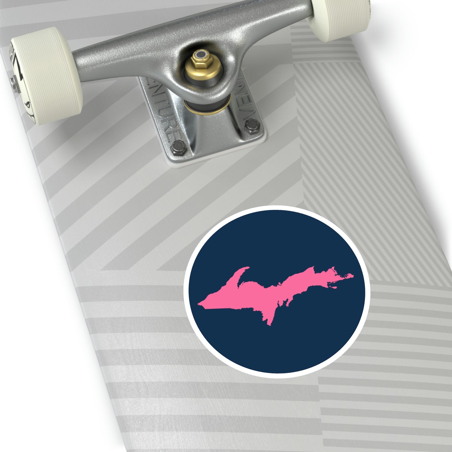 Michigan Upper Peninsula Round Stickers (Navy w/ Pink UP Outline) | Indoor\Outdoor