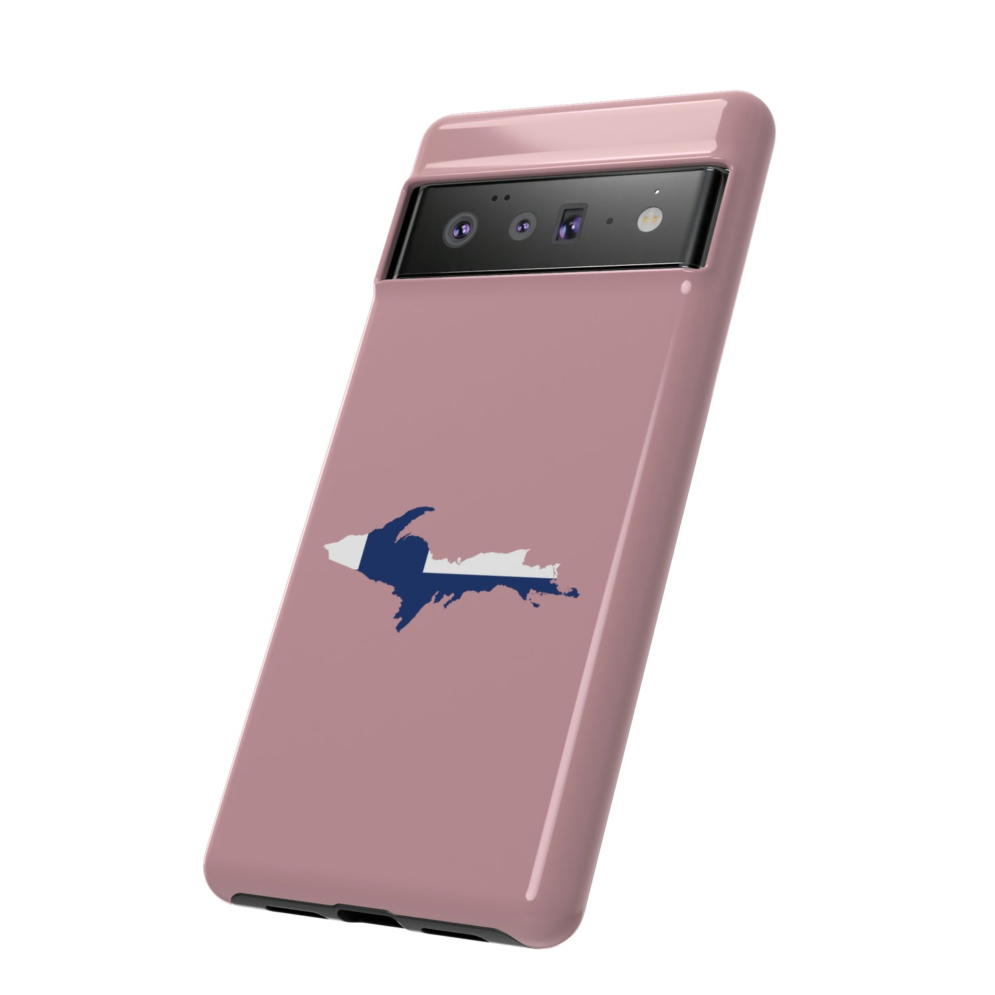 Michigan Upper Peninsula Tough Phone Case (Cherry Blossom Pink w/ UP Finland Flag Outline) | Samsung & Pixel Android