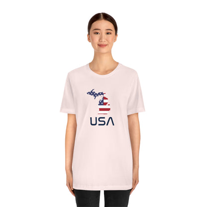 Michigan 'USA' T-Shirt (Space Agency Font w/ MI USA Flag Outline) | Unisex Standard Fit