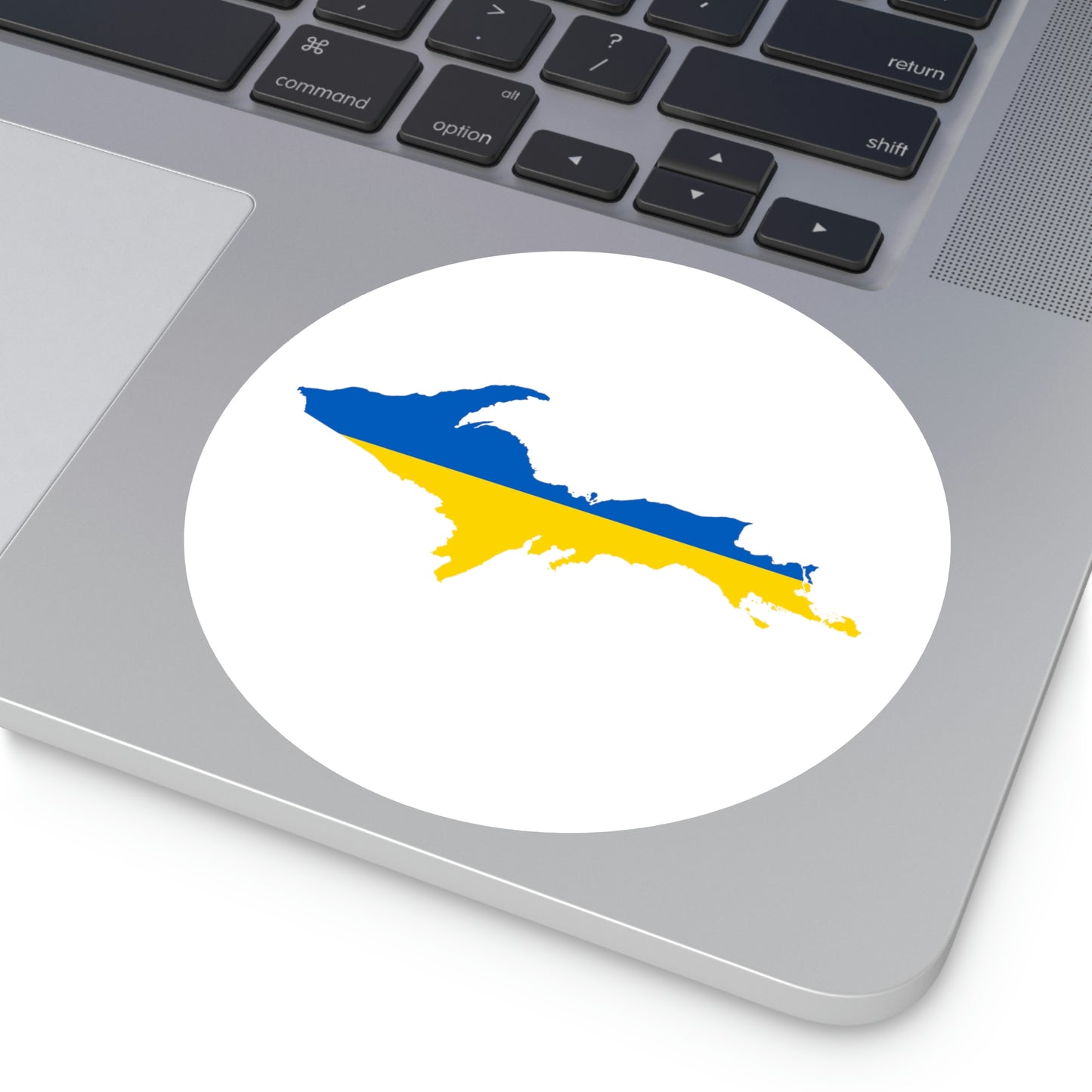 Michigan Upper Peninsula Round Stickers (w/ UP Ukraine Flag Outline) | Indoor\Outdoor