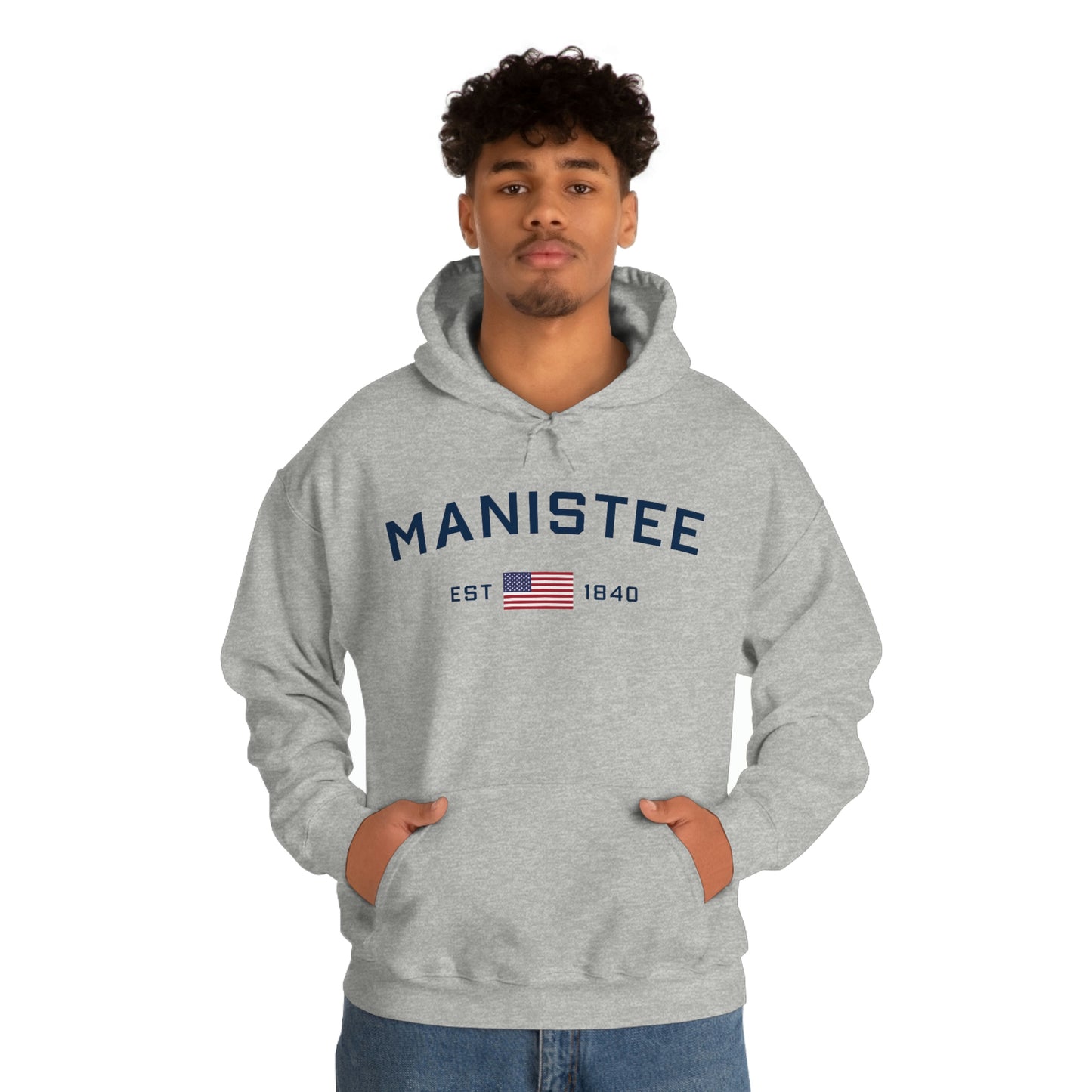 'Manistee EST 1840' Hoodie (w/USA Flag Outline) | Unisex Standard