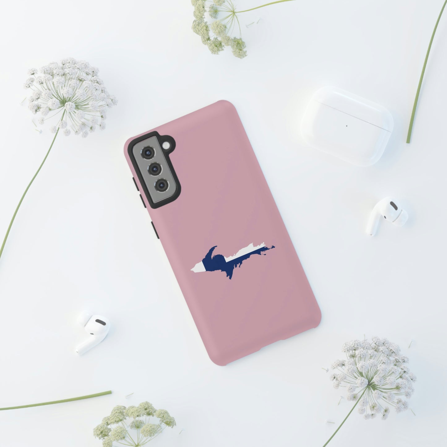 Michigan Upper Peninsula Tough Phone Case (Pink w/ UP Finland Flag Outline) | Samsung & Pixel Android