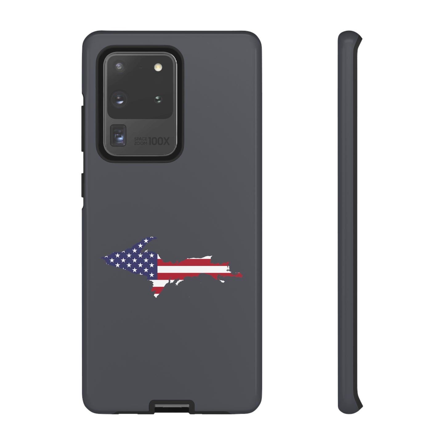 Michigan Upper Peninsula Tough Phone Case (Iron Ore Grey w/ UP USA Flag Outline) | Samsung & Pixel Android