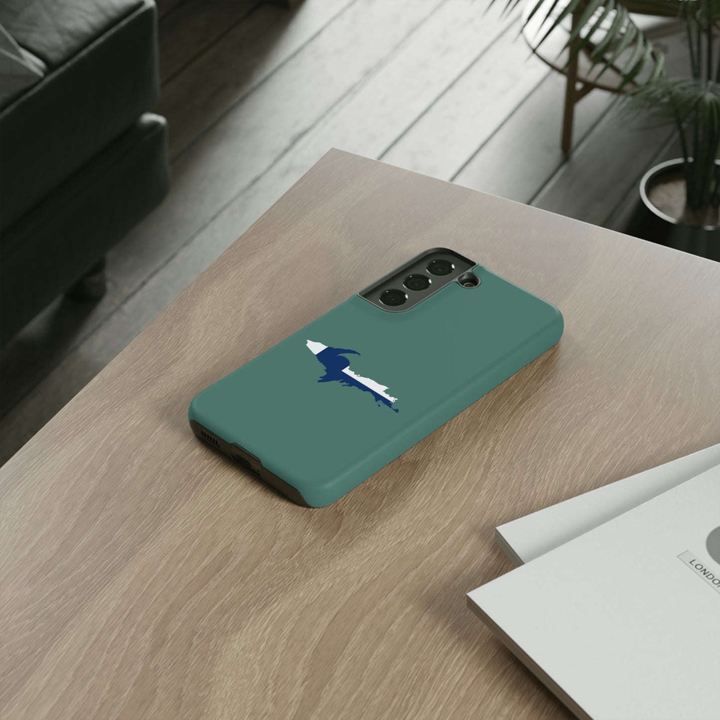 Michigan Upper Peninsula Tough Phone Case (Copper Green w/ UP Finland Flag Outline) | Samsung & Pixel Android