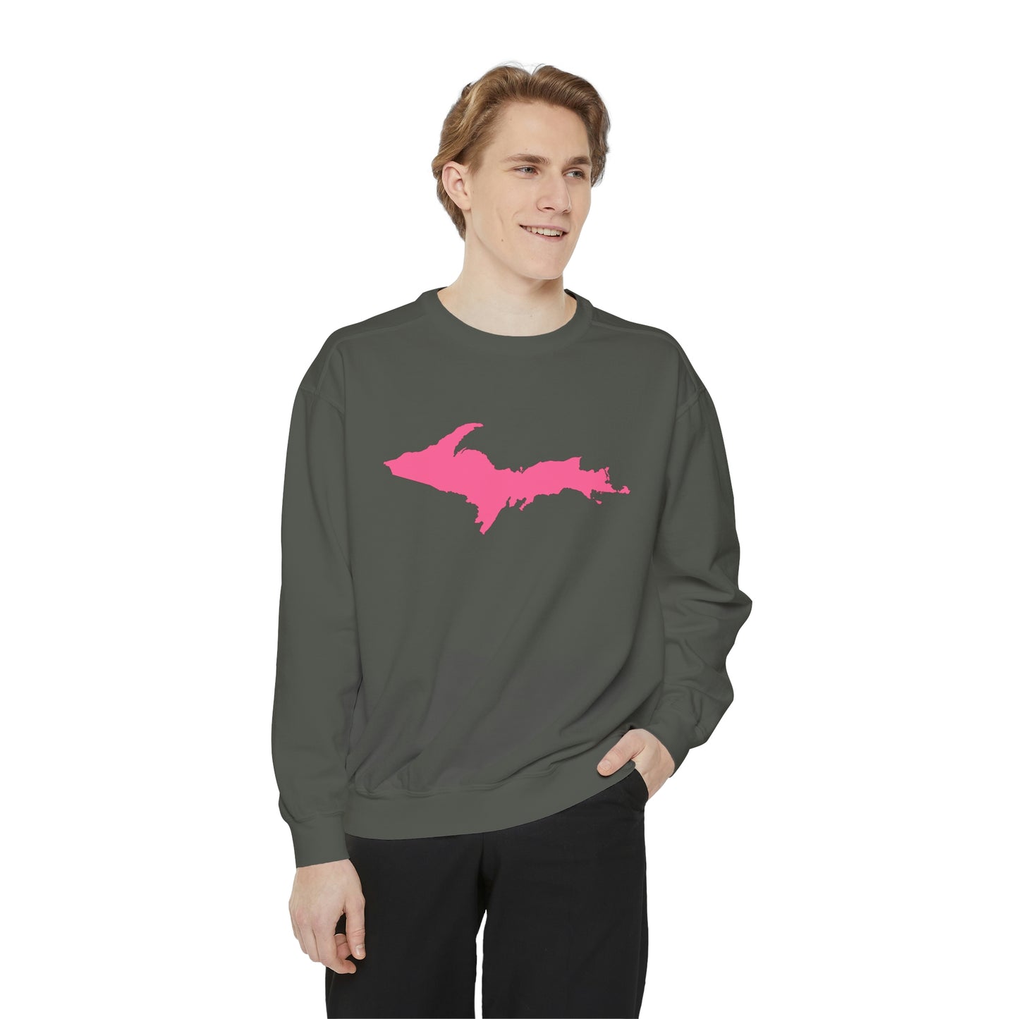 Michigan Upper Peninsula Sweatshirt (w/ Pink UP Outline) | Unisex Garment Dyed