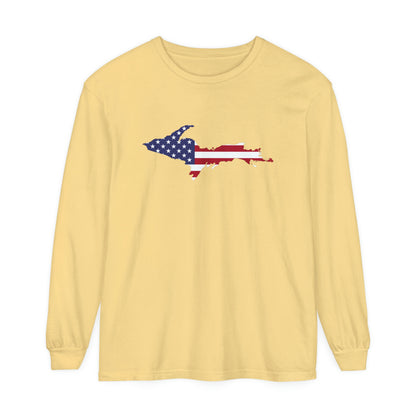 Michigan Upper Peninsula Garment-Dyed T-Shirt (w/ UP USA Flag Outline) | Unisex Long Sleeve