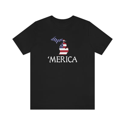 Michigan 'Merica' T-Shirt (Elizabethan Font w/ MI USA Flag Outline) | Unisex Standard Fit