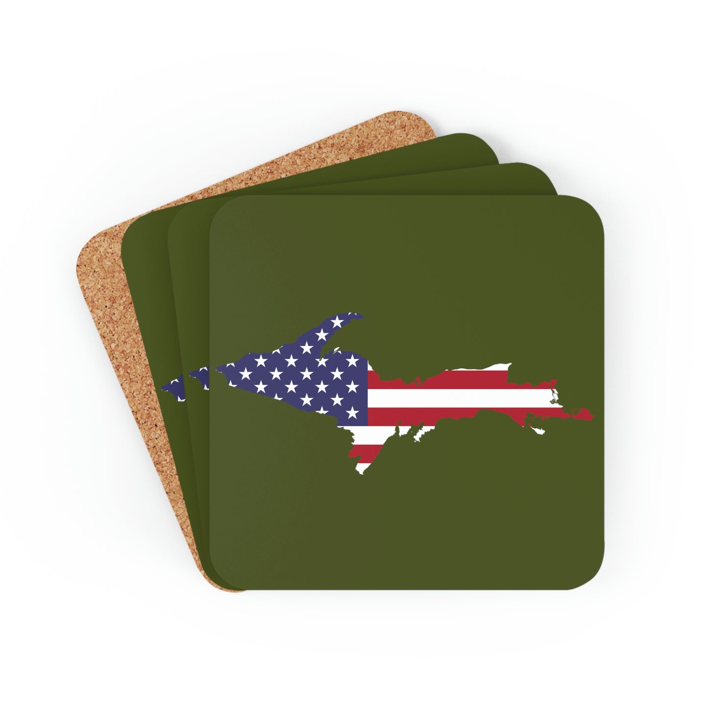 Michigan Upper Peninsula Coaster Set (Army Green w/ UP USA Flag Outline) | Corkwood - 4 pack