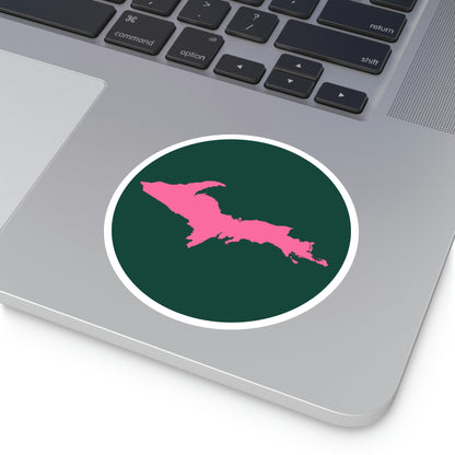 Michigan Upper Peninsula Round Stickers (Green w/ Pink UP Outline) | Indoor\Outdoor