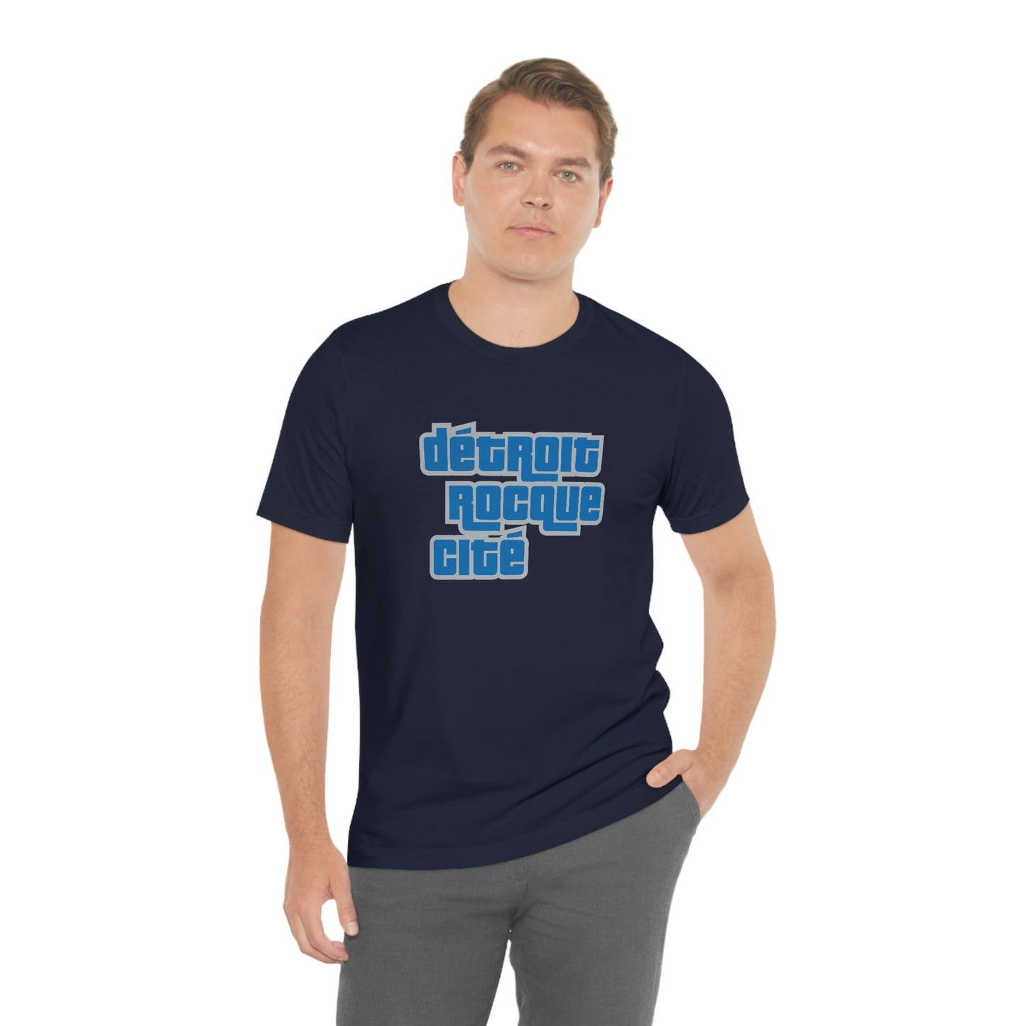 'Détroit Rocque Cité' T-Shirt (Azure/Grey Automotive Crime Parody) | Unisex Standard Fit