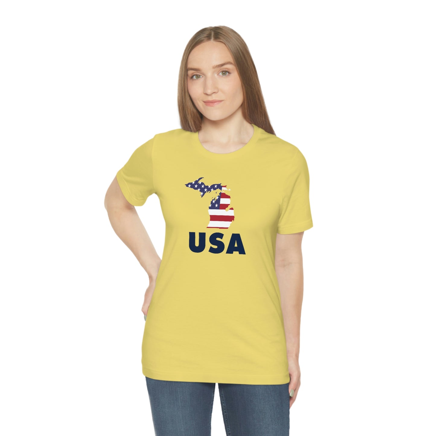 Michigan 'USA' T-Shirt (Geometric Sans Font w/ MI USA Flag Outline) | Unisex Standard Fit