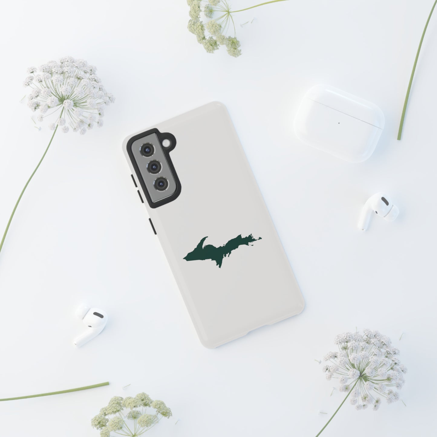 Michigan Upper Peninsula Tough Phone Case (Birch Bark White w/ Green UP Outline) | Samsung & Pixel Android