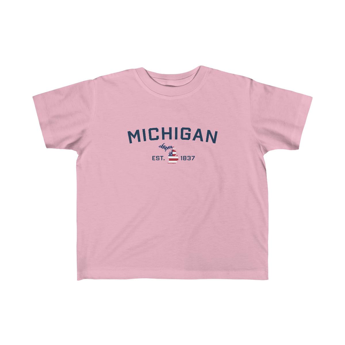 'Michigan EST 1837' T-Shirt  (w/ MI USA Flag Outline) | Toddler Short Sleeve - Circumspice Michigan