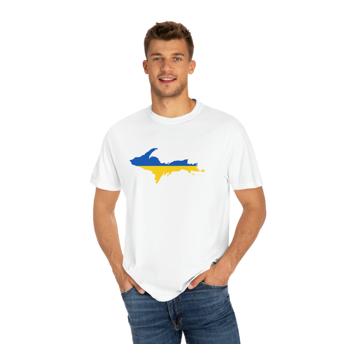 Michigan Upper Peninsula T-Shirt (w/ UP Ukraine Flag Outline) | Unisex Garment-Dyed