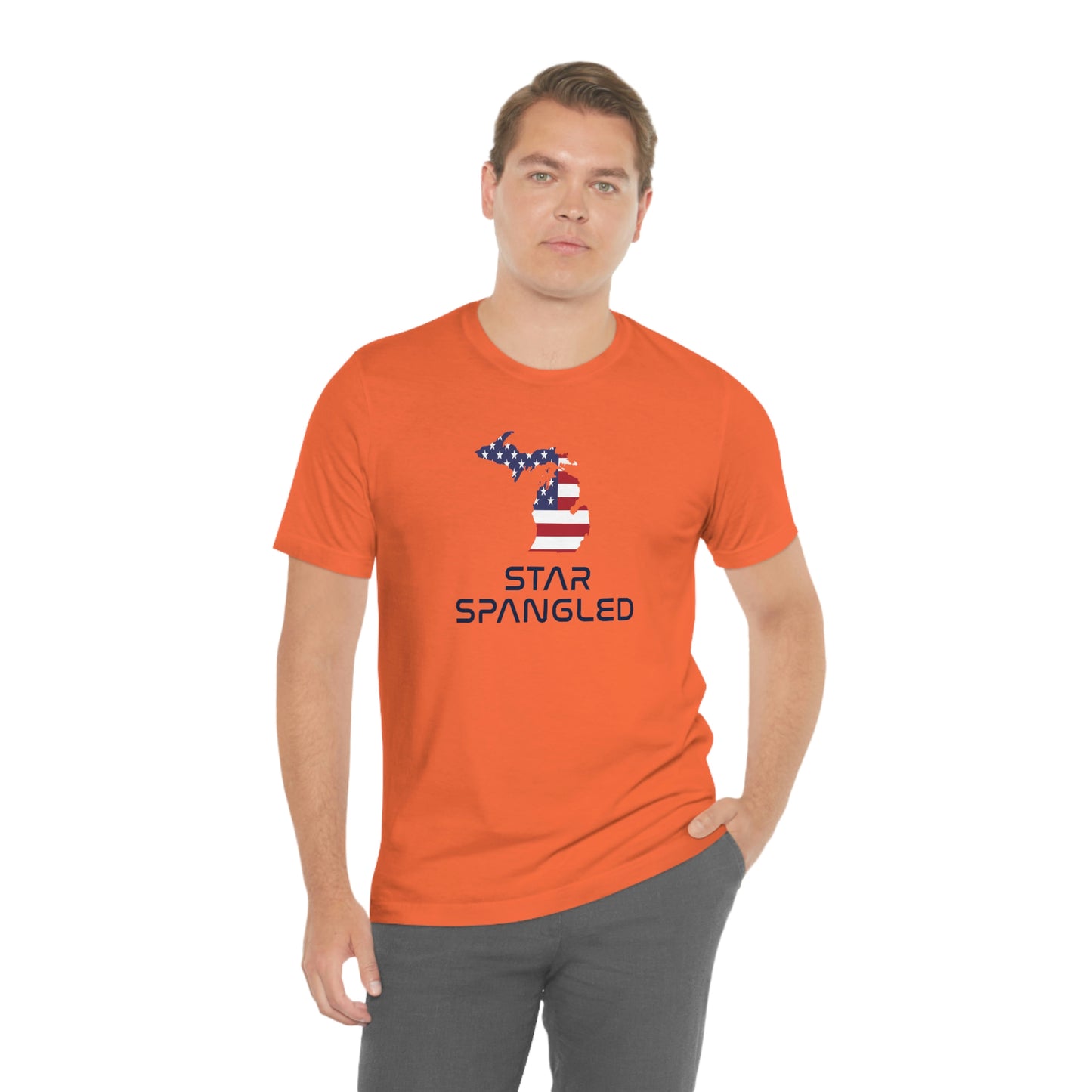 Michigan 'Star Spangled' T-Shirt (Space Agency Font w/ MI USA Flag Outline) | Unisex Standard Fit