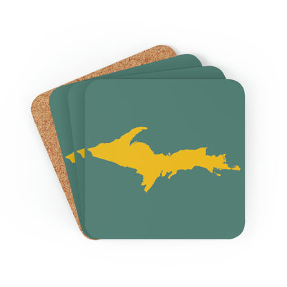 Michigan Upper Peninsula Coaster Set (Copper Green w/ Gold UP Outline) | Corkwood - 4 pack