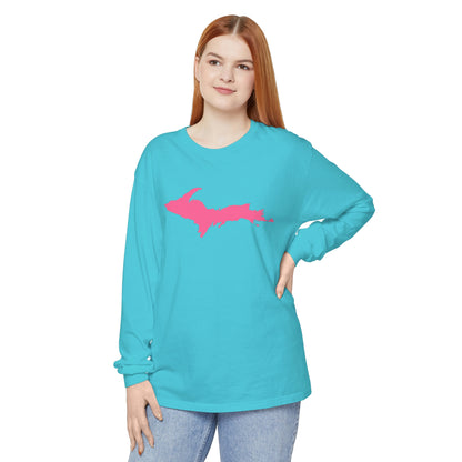 Michigan Upper Peninsula Garment-Dyed T-Shirt (w/ Pink UP Outline) | Unisex Long Sleeve