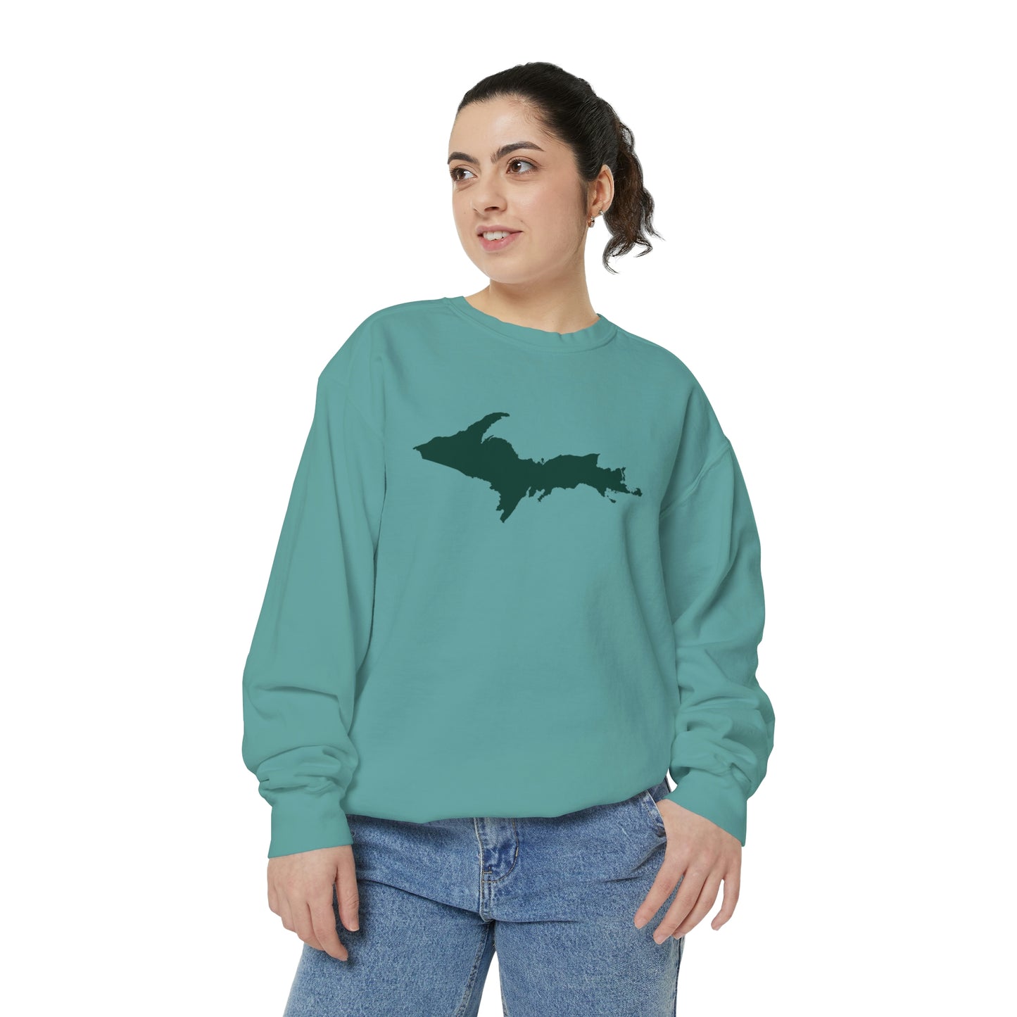 Michigan Upper Peninsula Sweatshirt (w/ Green UP Outline) | Unisex Garment Dyed