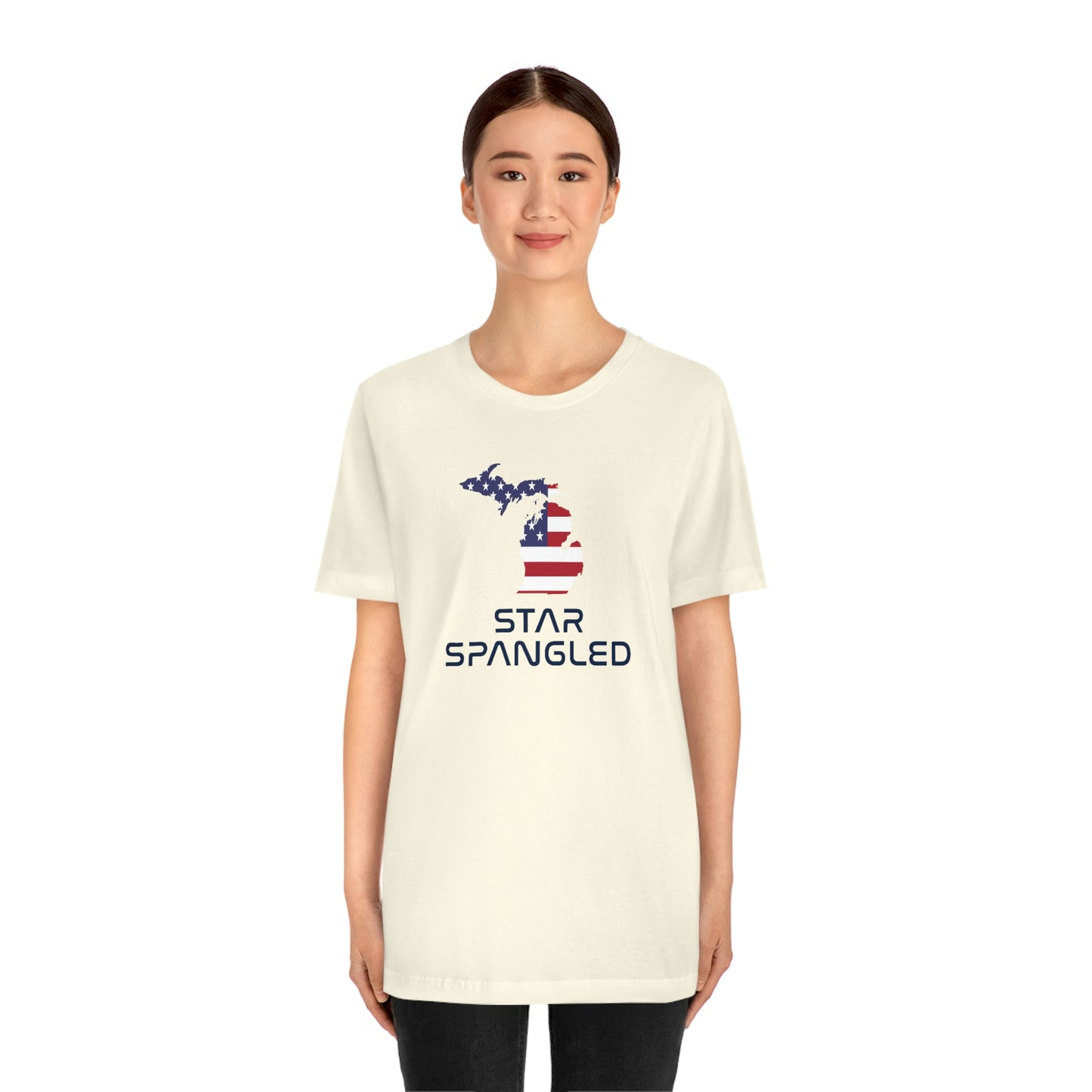 Michigan 'Star Spangled' T-Shirt (Space Agency Font w/ MI USA Flag Outline) | Unisex Standard Fit