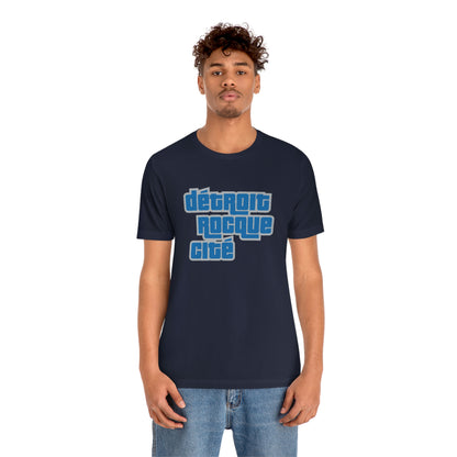 'Détroit Rocque Cité' T-Shirt (Azure/Grey Automotive Crime Parody) | Unisex Standard Fit