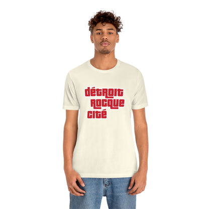 'Détroit Rocque Cité' T-Shirt (Red/White Automotive Crime Parody) | Unisex Standard Fit