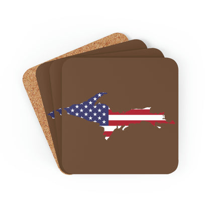 Michigan Upper Peninsula Coaster Set (Coffee Brown w/ UP USA Flag Outline) | Corkwood - 4 pack