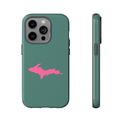 Michigan Upper Peninsula Tough Phone Case (Copper Green w/ Pink UP Outline) | Apple iPhone