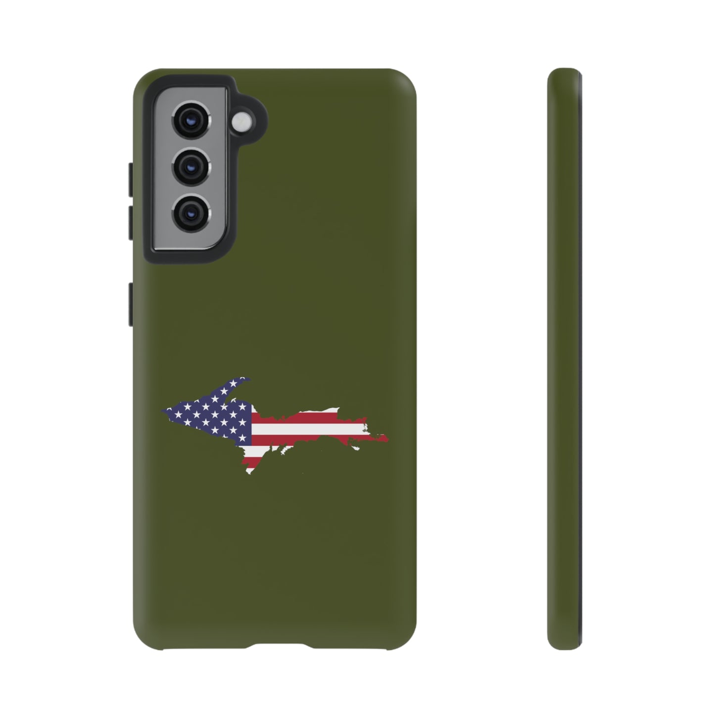 Michigan Upper Peninsula Tough Phone Case (Army Green w/ UP USA Flag Outline) | Samsung & Pixel Android