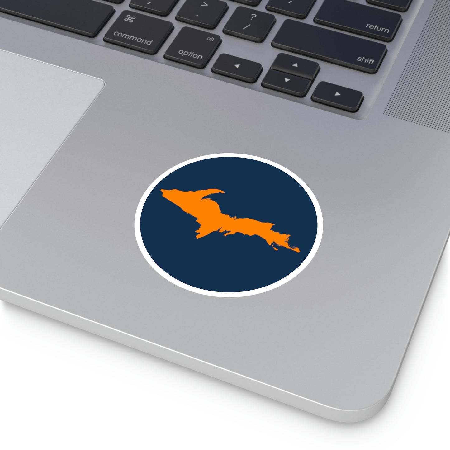 Michigan Upper Peninsula Round Stickers (Navy w/ Orange UP Outline) | Indoor\Outdoor