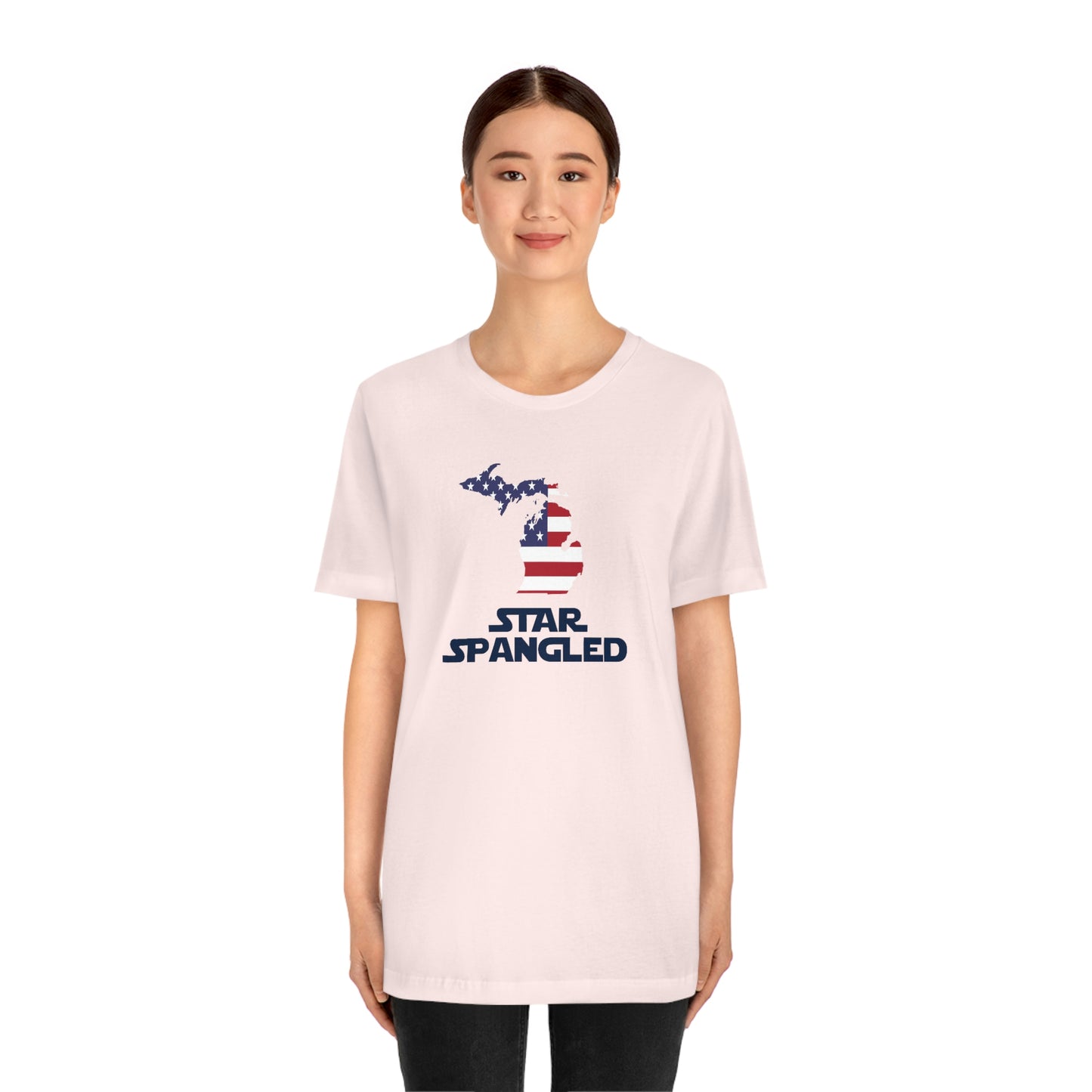 Michigan 'Star Spangled' T-Shirt (Epic Sci Fi Font w/ MI USA Flag Outline) | Unisex Standard Fit