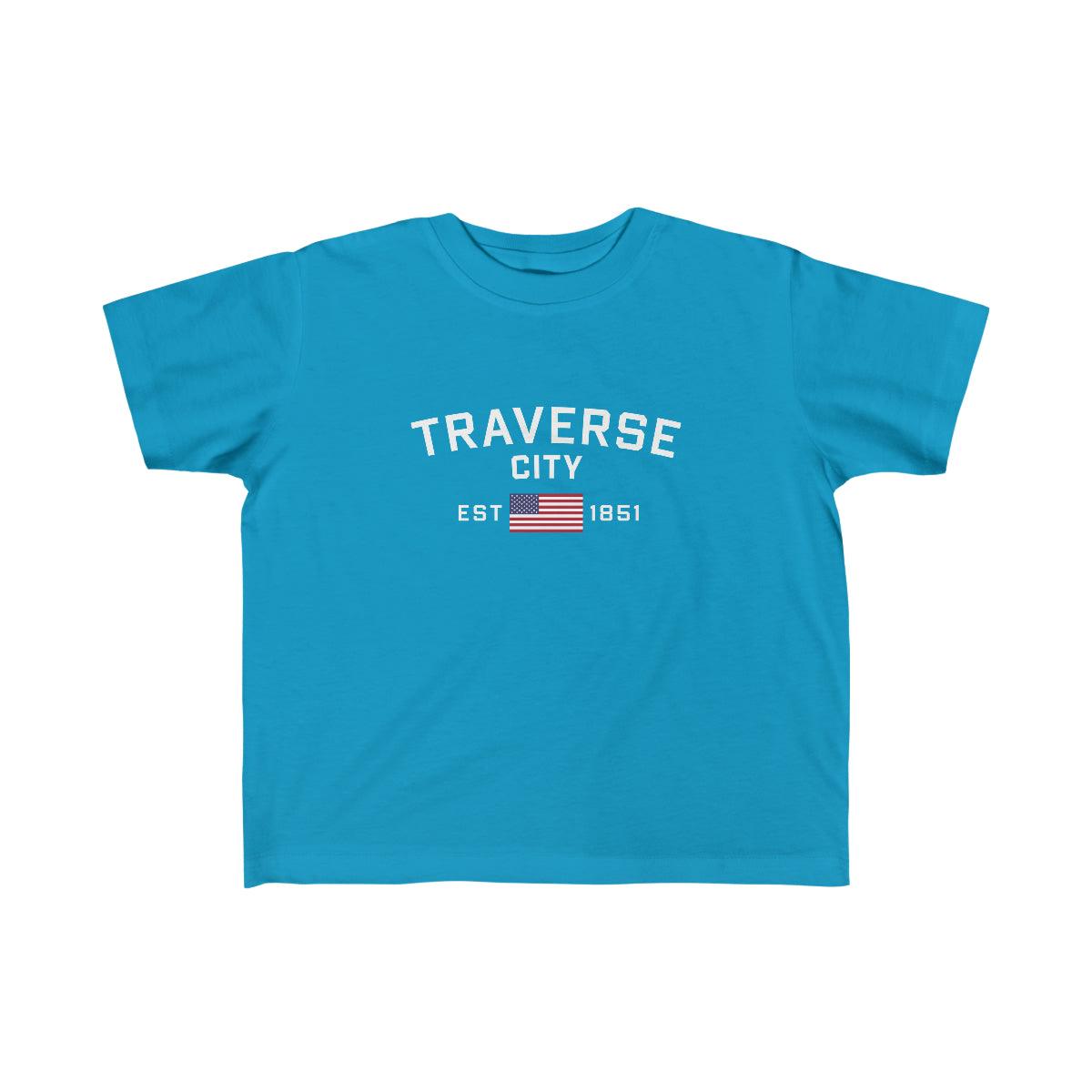 'Traverse City EST 1851' T-Shirt  (w/USA Flag Outline) | Toddler Short Sleeve - Circumspice Michigan