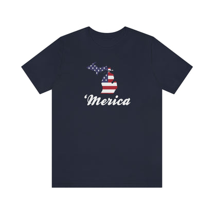 Michigan 'Merica' T-Shirt (Script Font w/ MI USA Flag Outline) | Unisex Standard Fit