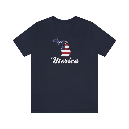 Michigan 'Merica' T-Shirt (Script Font w/ MI USA Flag Outline) | Unisex Standard Fit