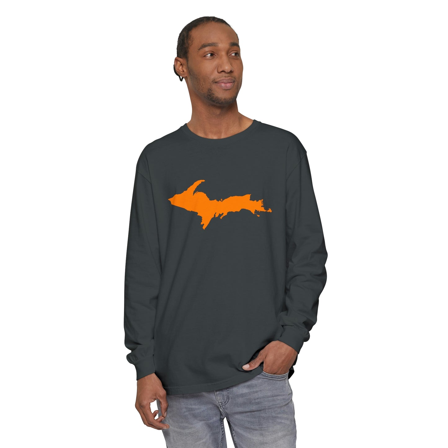 Michigan Upper Peninsula Garment-Dyed T-Shirt (w/ Orange UP Outline) | Unisex Long Sleeve