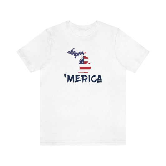 Michigan 'Merica' T-Shirt (Brush Font w/ MI USA Flag Outline) | Unisex Standard Fit