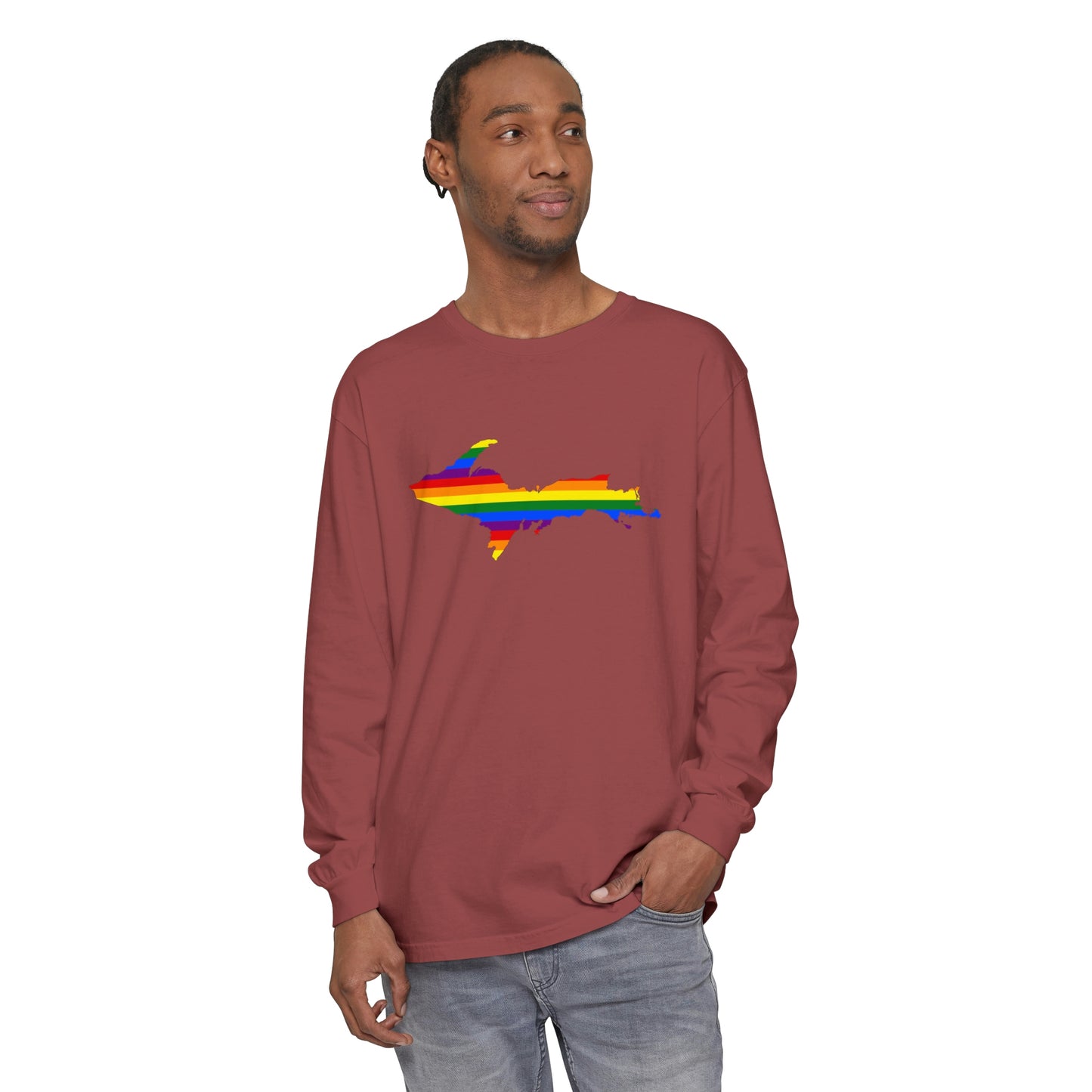 Michigan Upper Peninsula Garment-Dyed T-Shirt (w/ UP Pride Flag Outline) | Unisex Long Sleeve