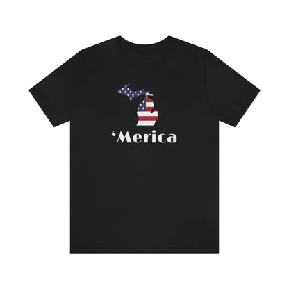 Michigan 'Merica' T-Shirt (Art Deco Font w/ MI USA Flag Outline) | Unisex Standard Fit