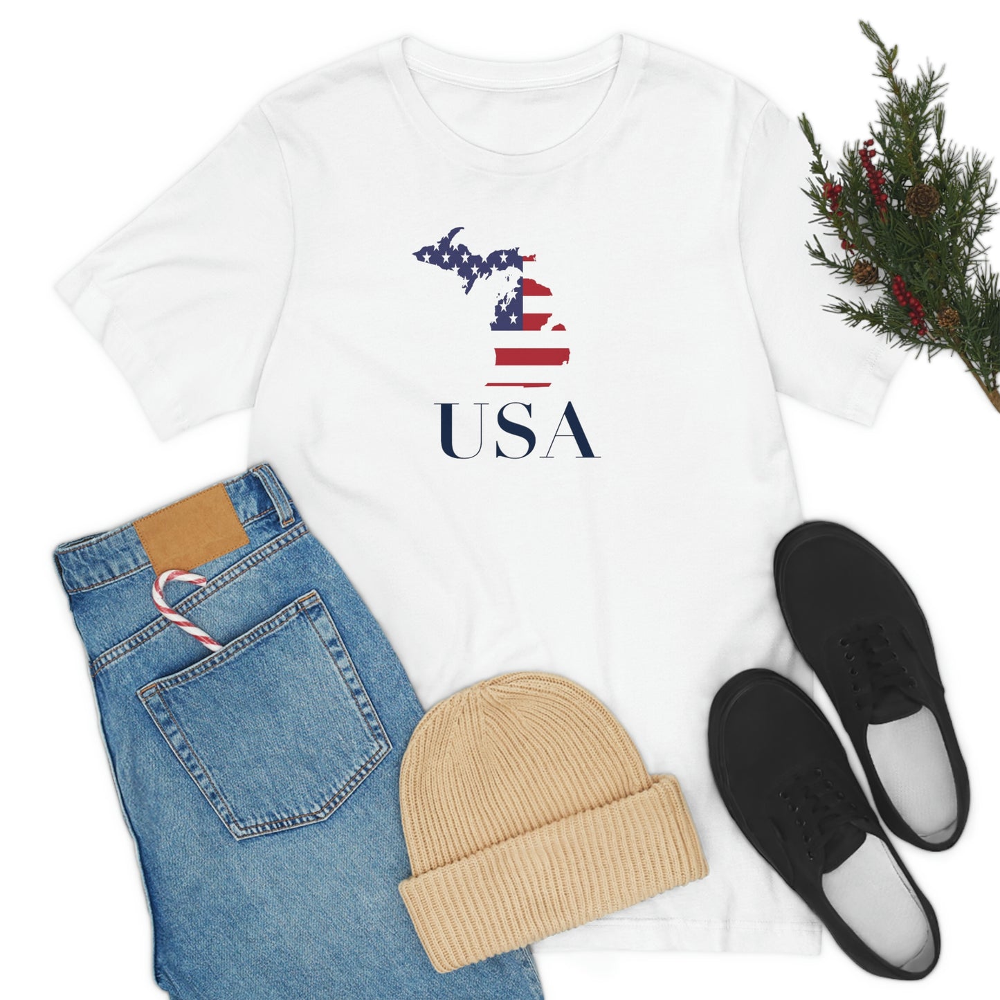 Michigan 'USA' T-Shirt (Didone Font w/ MI USA Flag Outline) | Unisex Standard Fit