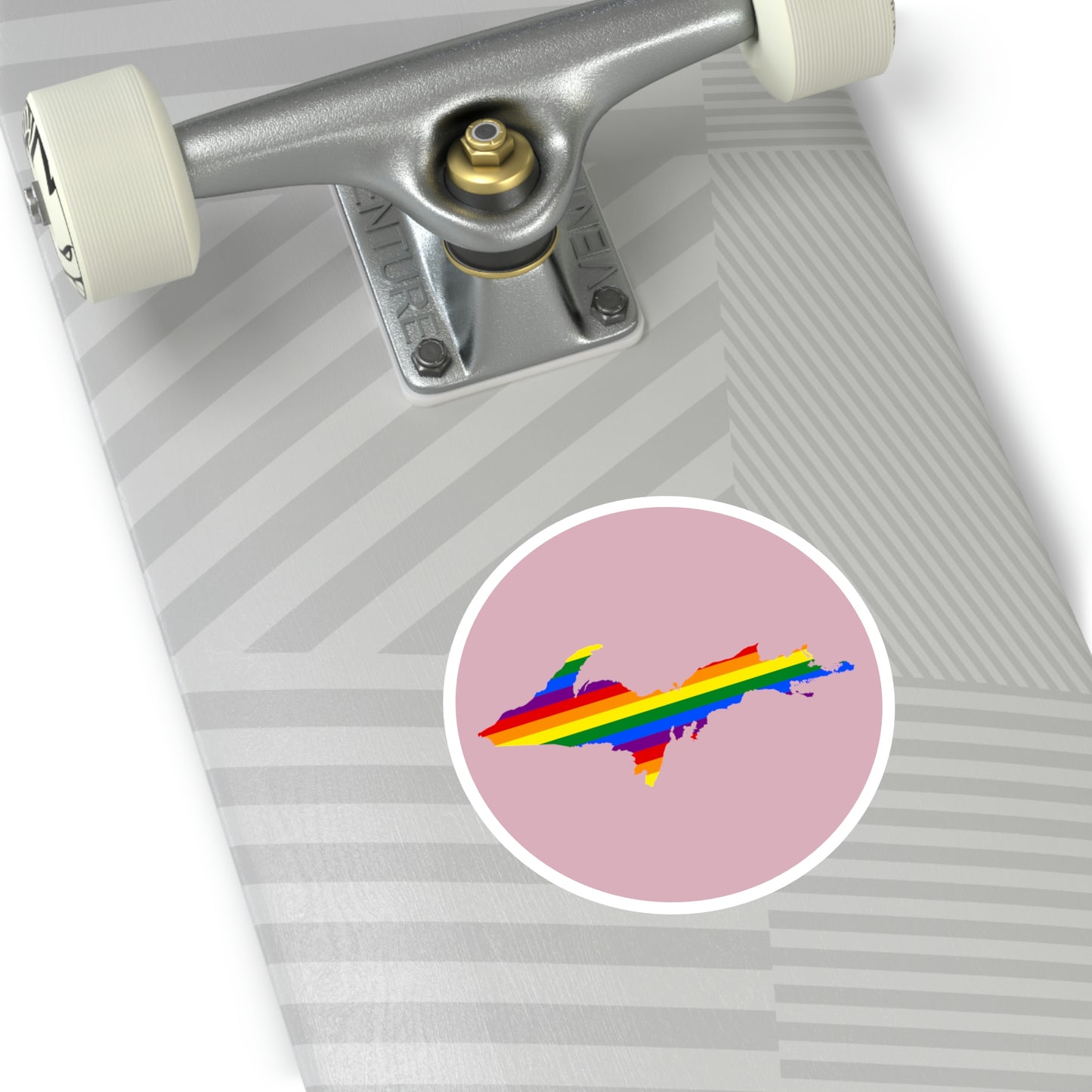 Michigan Upper Peninsula Round Stickers (Pink w/ UP Pride Flag Outline) | Indoor\Outdoor