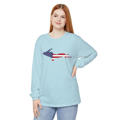 Michigan Upper Peninsula Garment-Dyed T-Shirt (w/ UP USA Flag Outline) | Unisex Long Sleeve