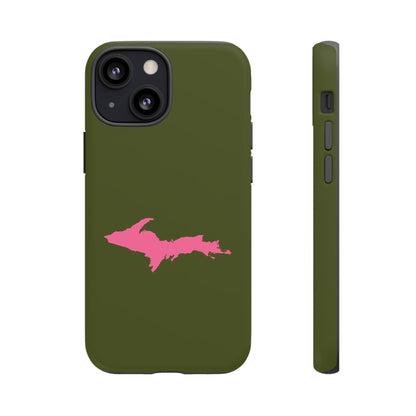 Michigan Upper Peninsula Tough Phone Case (Army Green w/ Pink UP Outline) | Apple iPhone