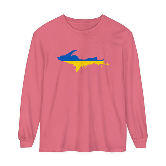 Michigan Upper Peninsula Garment-Dyed T-Shirt (w/ UP Ukraine Flag Outline) | Unisex Long Sleeve