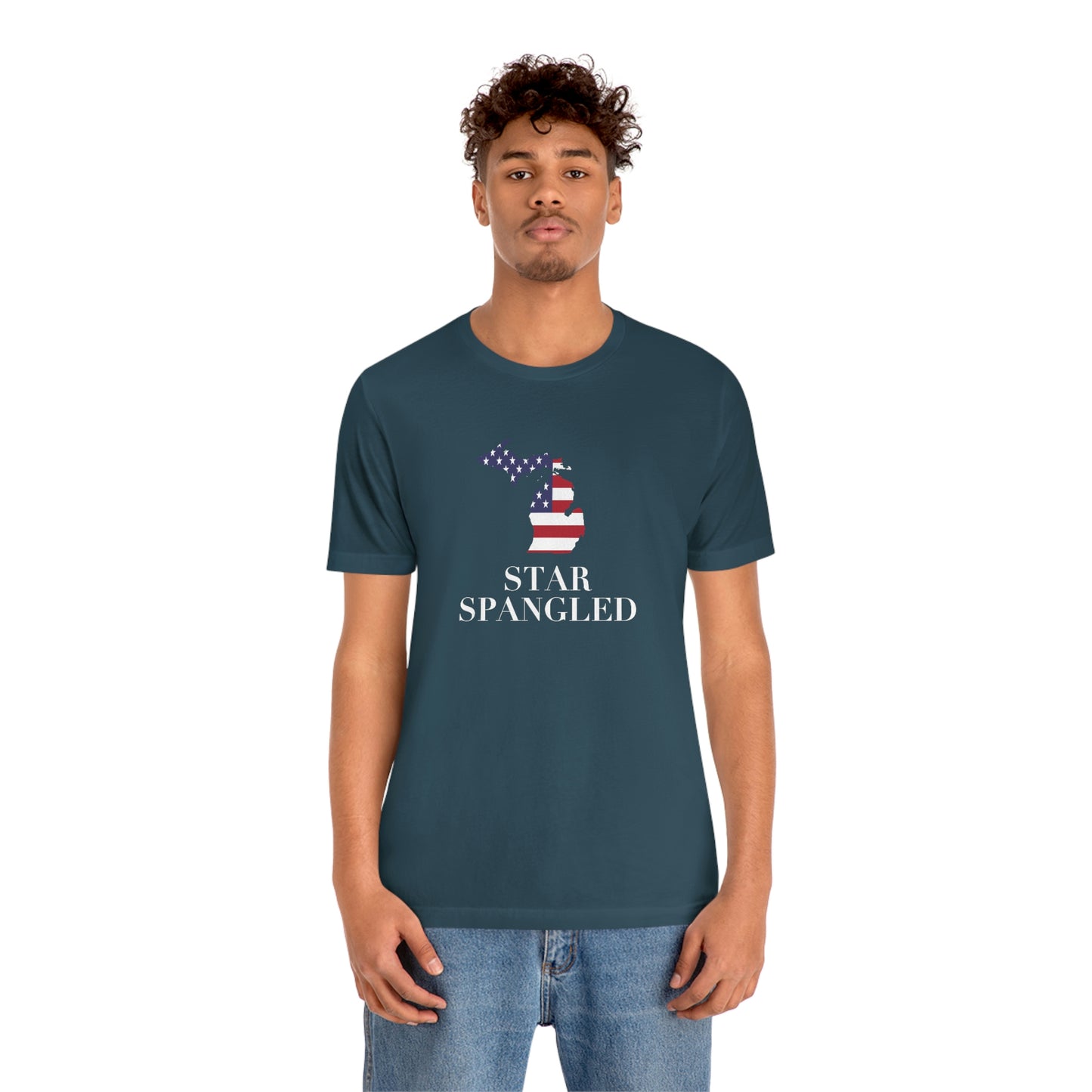 Michigan 'Star Spangled' T-Shirt (w/ MI USA Flag Outline) | Unisex Standard Fit