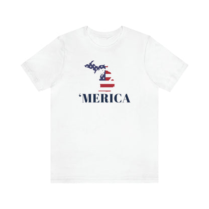 Michigan 'Merica' T-Shirt (Didone Font w/ MI USA Flag Outline) | Unisex Standard Fit