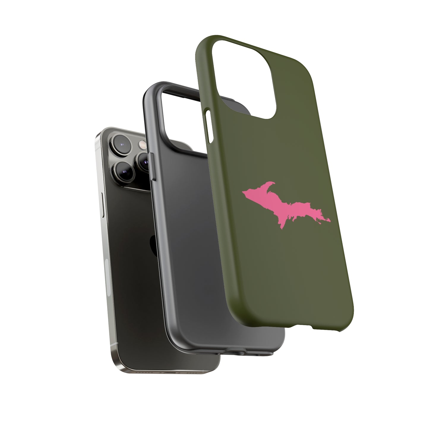 Michigan Upper Peninsula Tough Phone Case (Army Green w/ Pink UP Outline) | Apple iPhone