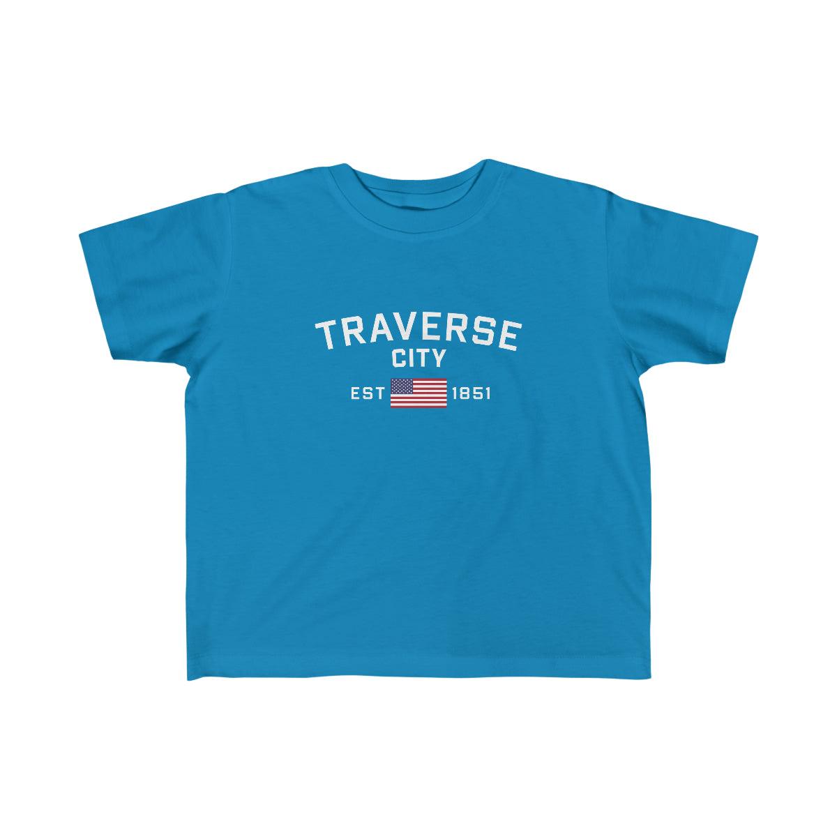 'Traverse City EST 1851' T-Shirt  (w/USA Flag Outline) | Toddler Short Sleeve - Circumspice Michigan